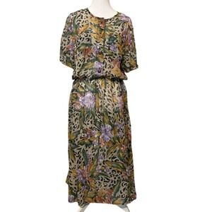 Vintage 1980s Sheer Floral Dress Elastic Waist Button Top 16 USA 80s Cottagecore